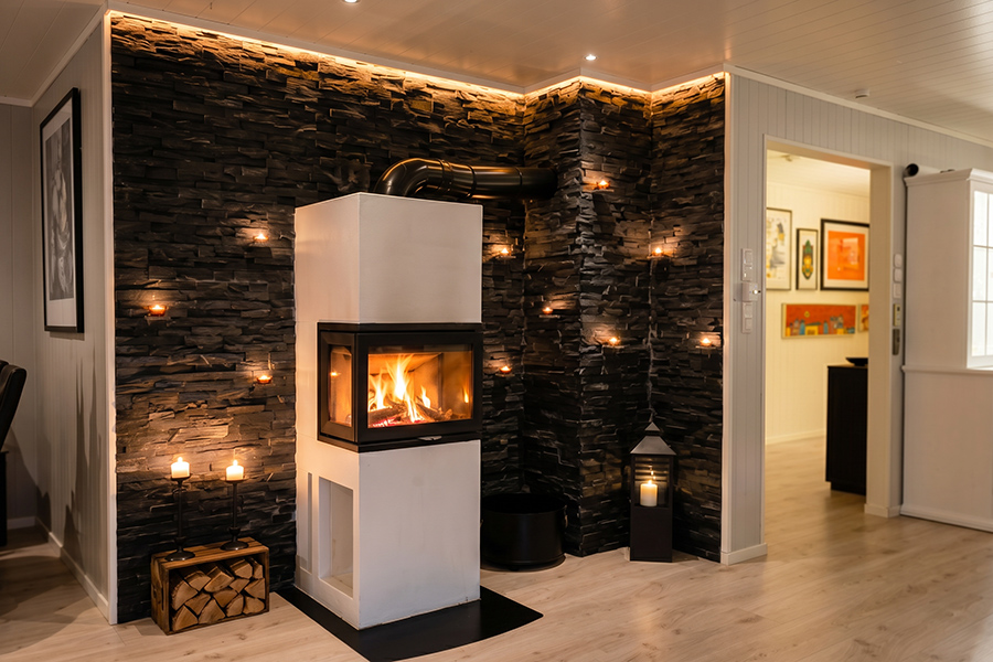 Der Kamin im Wohnzimmer