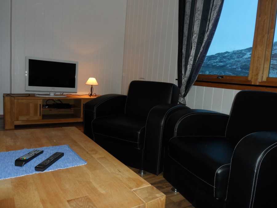Leder-Couchgarnitur und Flatscreen mit Sat-TV