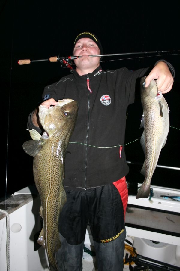 Beifang beim abendlichen Schollen-Angeln - Diese Dorsch-Doublette von David Böttcher belegt die Fischdichte in der Hausbucht von Skjånes