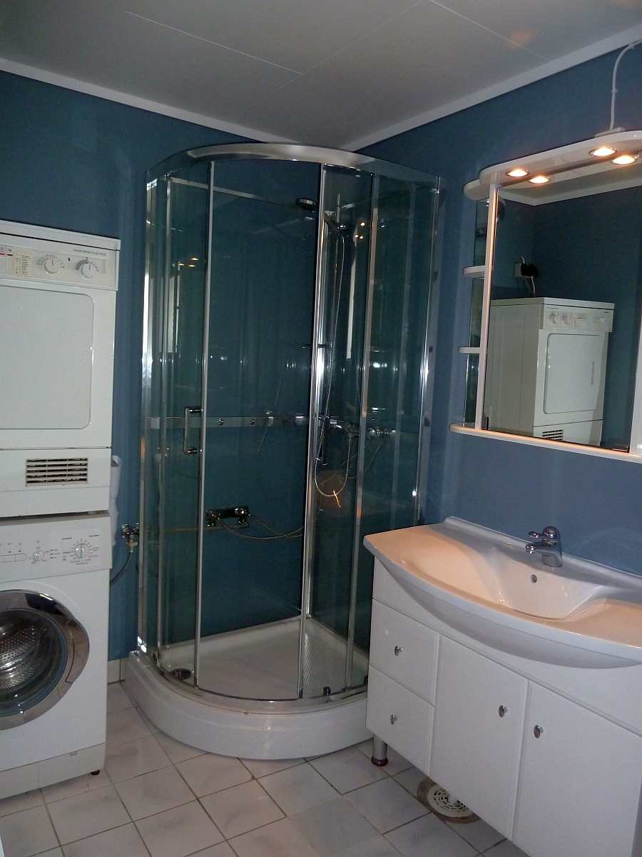 Das erste Badezimmer mit Waschbecken,  Dusche, WC und Waschmaschine/Trockner