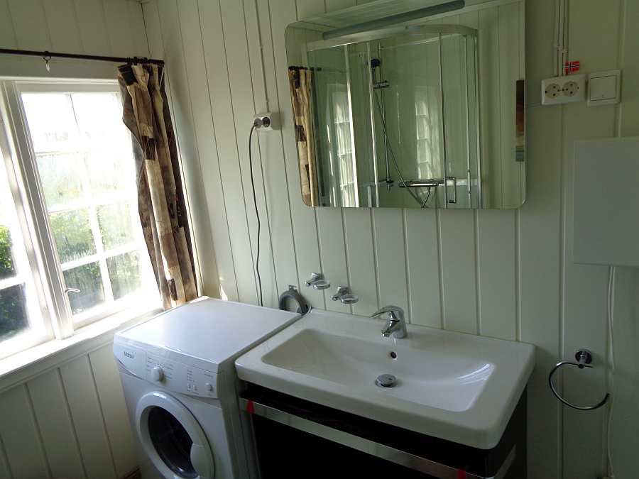 Im Badezimmer findet sich auch eine Waschmaschine
