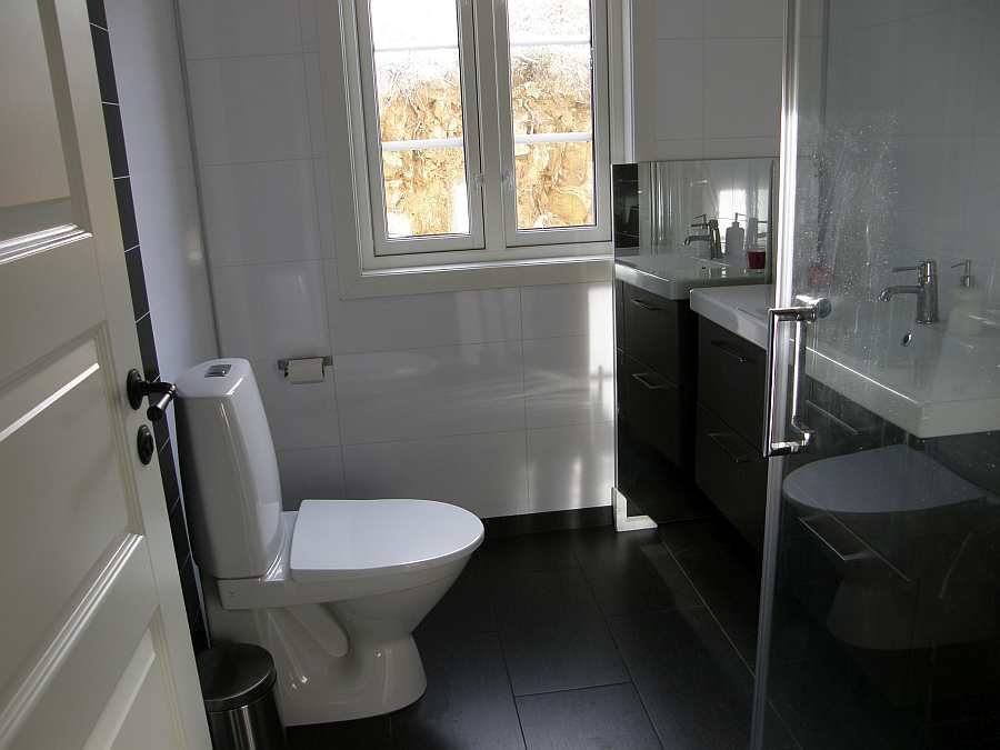 Das Bad des Hauses mit Dusche und WC. Waschmaschine vorhanden