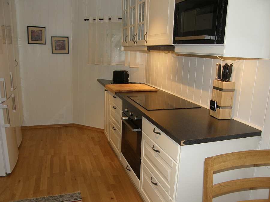 Die moderne Küche ist komplett eingerichtet