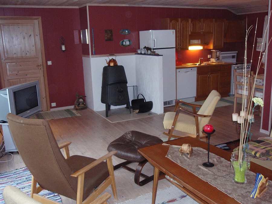 Blick in den Wohnbereich mit mit angrenzender offener Studioküche