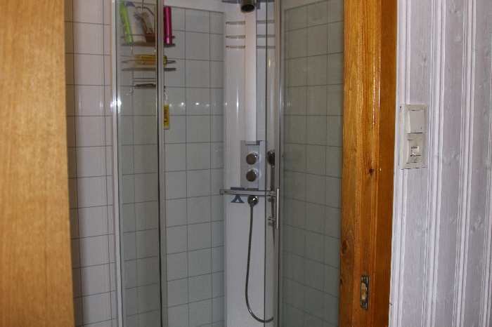 Ein Badezimmer ist mit einer Dusche und WC ausgestattet.